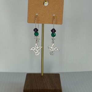 Silver Hummingbird Earrings with glass beads